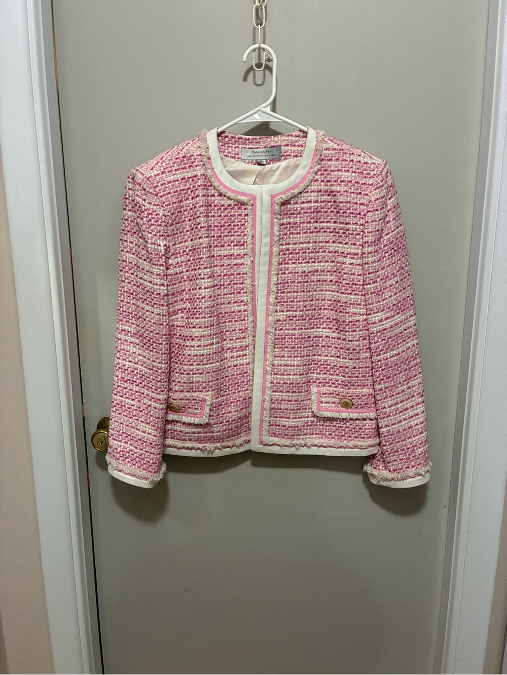 Tahari pink and cream tweed jacket